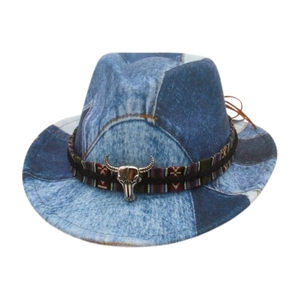 Kids denim patchwork fedora hat with ethnic band and silver bull head accessory