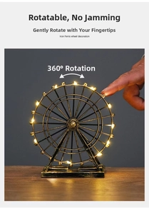 Detail of vintage Ferris wheel model showing 360-degree rotation and LED warm light feature