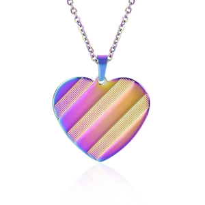 Detail of rainbow heart pendant with diagonal textured stripes on stainless steel chain