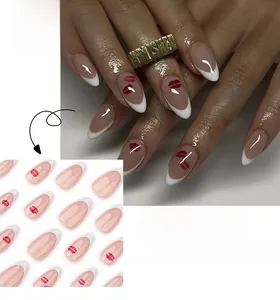 Classic white French almond press-on nails with romantic red lip print detail