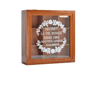 Vintage 9-compartment wooden storage box with decorative glass lid and floral print
