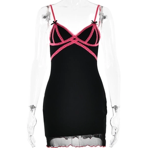 Sexy black bodycon mini dress with pink lace trim and bow straps on a clear mannequin