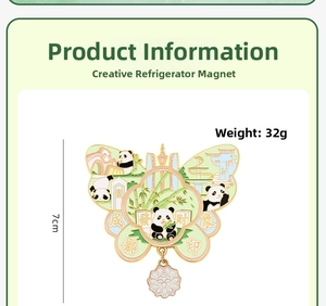 Detail showing 7cm creative butterfly panda fridge magnet with enamel floral pendant