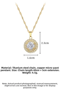 Detail of gold titanium steel necklace featuring a double-layer zircon round pendant