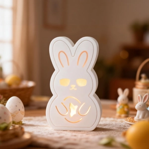 Cute bunny shaped LED night light with warm glow and decorative Easter eggs props