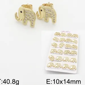 18k gold plated copper elephant stud earrings with white rhinestones on card display
