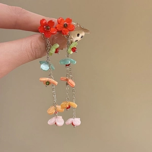 Close-up of colorful resin flower tassel earrings with vibrant multi-color floral beads