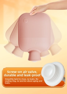 Detail of pink hot water bottle with anti-slip texture and leak-proof screw cap valve