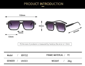 Detailed size chart for retro pilot sunglasses with frame measurements and material info