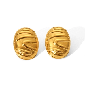 Detail of gold oval stainless steel stud earrings with unique crinkled wavy texture