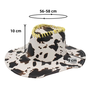 Detailed size chart for the cow print cowboy hat with yellow stitching measurements