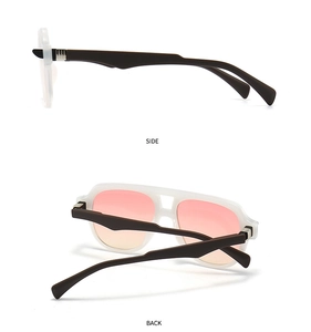Detail view of stylish sunglasses with pink gradient lenses and side metal hinge accents