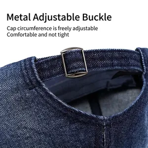Distressed blue denim baseball cap featuring an adjustable metal buckle back closure