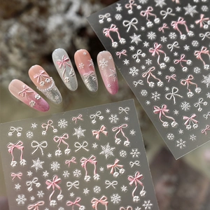 3D Embossed Nail Art Stickers Snowflakes Bows Winter Style Pink White Elegant Manicure Decals For Women