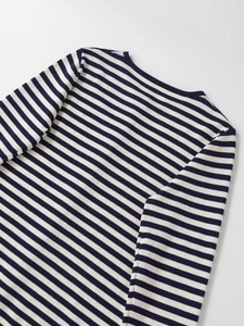 Détail de gilet en maille rayée bleu marine et blanc avec manches longues et col rond