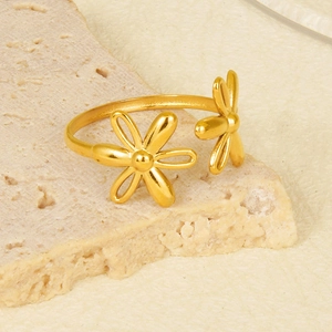 Golden 304 stainless steel double flower open ring with polished metallic finish