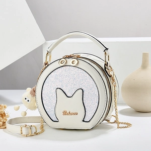 Round Crossbody Bag PU Leather Sequin Cat Ear Design Metal Chain Shoulder Bag For Women Fashion Cute Handbag