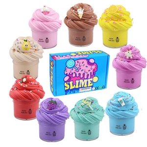 Detailed set of nine colorful macaron fluffy slime jars with cute dessert toppings