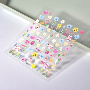 3D embossed floral and rabbit nail stickers with colorful oil painting cartoon designs