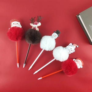 Plush Christmas pens featuring Santa, Reindeer, and Snowman characters on red background