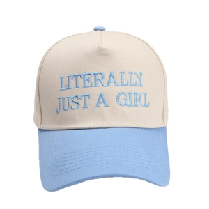 Two-tone beige and sky blue baseball cap with Literally Just A Girl embroidery