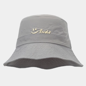 Grey quick-dry sun hat with Smile embroidery and wink face in minimalist style