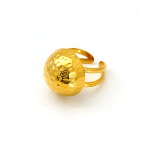 Minimalist 18K gold stainless steel open ring with hammered dome texture on white background