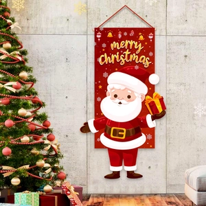 Red Christmas Santa banner with Merry Christmas text next to a decorated tree