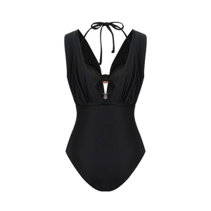 Detail of elegant black one-piece swimsuit featuring deep V-neck and gold metal ring