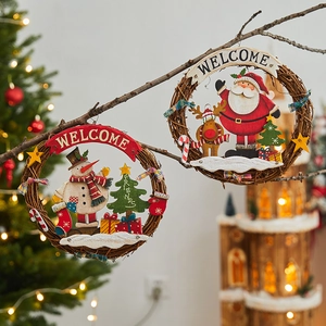Christmas rattan wreath with Santa, snowman and elk hanging ornaments for festive decor