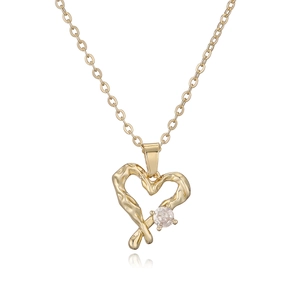 18K gold plated heart pendant necklace with zircon and irregular texture on white background