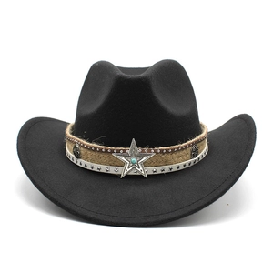 Detail of a black felt cowboy hat featuring a silver star with turquoise and metal studs
