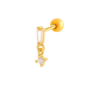 Golden geometric stud earring with sparkling zircon pendant and screw-on ball back