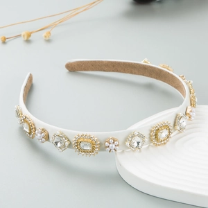 Baroque style white pearl and crystal embellished headband with gold metallic accents