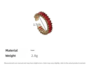 Detail view of gold ring with rectangular red zircon and 1.7cm diameter measurement