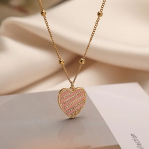 18K gold plated necklace with pink heart enamel pendant and sparkling zircons