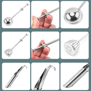 Detail view of 304 stainless steel tea infusers and scoop showing mesh filter and pipe shape