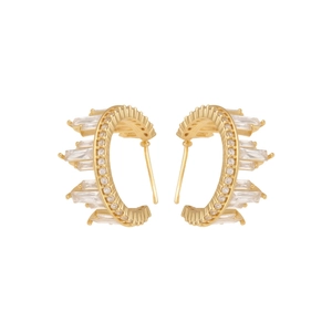 Elegant gold C-shaped earrings with rectangular white zircon and small round diamonds
