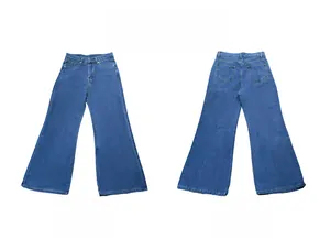 Vue avant et arrière du jean bleu délavé à taille haute avec jambe large à plat