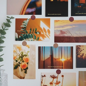 Sunset landscape postcards on white wall with round stickers and green plant decoration