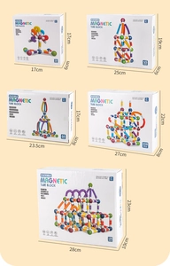 Various sizes of STEAM magnetic tube building block sets in colorful packaging boxes