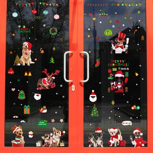 Christmas window stickers with Santa and pets on glass doors for holiday decoration