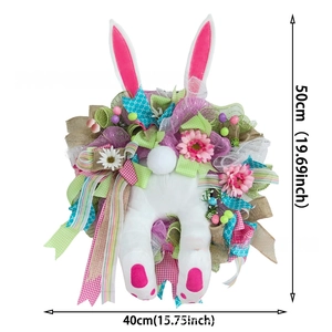 Easter bunny wreath with colorful mesh and ribbons, height 50cm and width 40cm for wall decor
