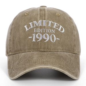 Vintage distressed khaki baseball cap with white Limited Edition 1990 embroidery