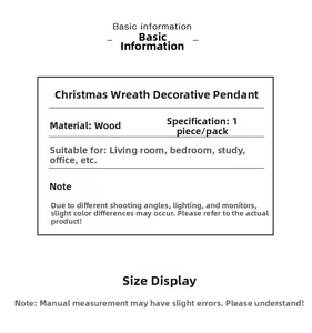 Detailed specifications of wooden Christmas wreath including material and size on white background