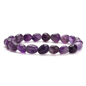 Natural amethyst beaded bracelet featuring irregular polished tumbled stones on white background