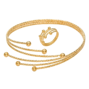 Golden multi-layer hammered choker and matching ring set with smooth spherical accents