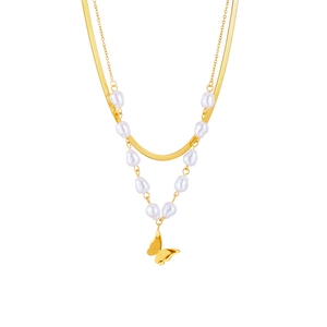 Double-layer gold stainless steel necklace with flat snake chain, pearls, and 3D butterfly