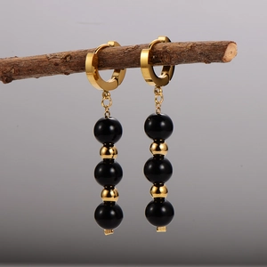 Elegant 304 stainless steel long drop earrings with gold hoops and black beaded dangles