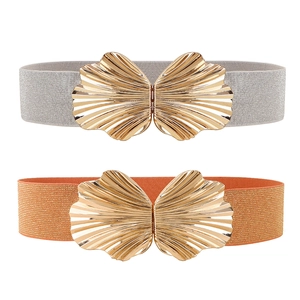 Nahaufnahme elastischer Taillengürtel in Silber und Orange mit goldenen Schnallen